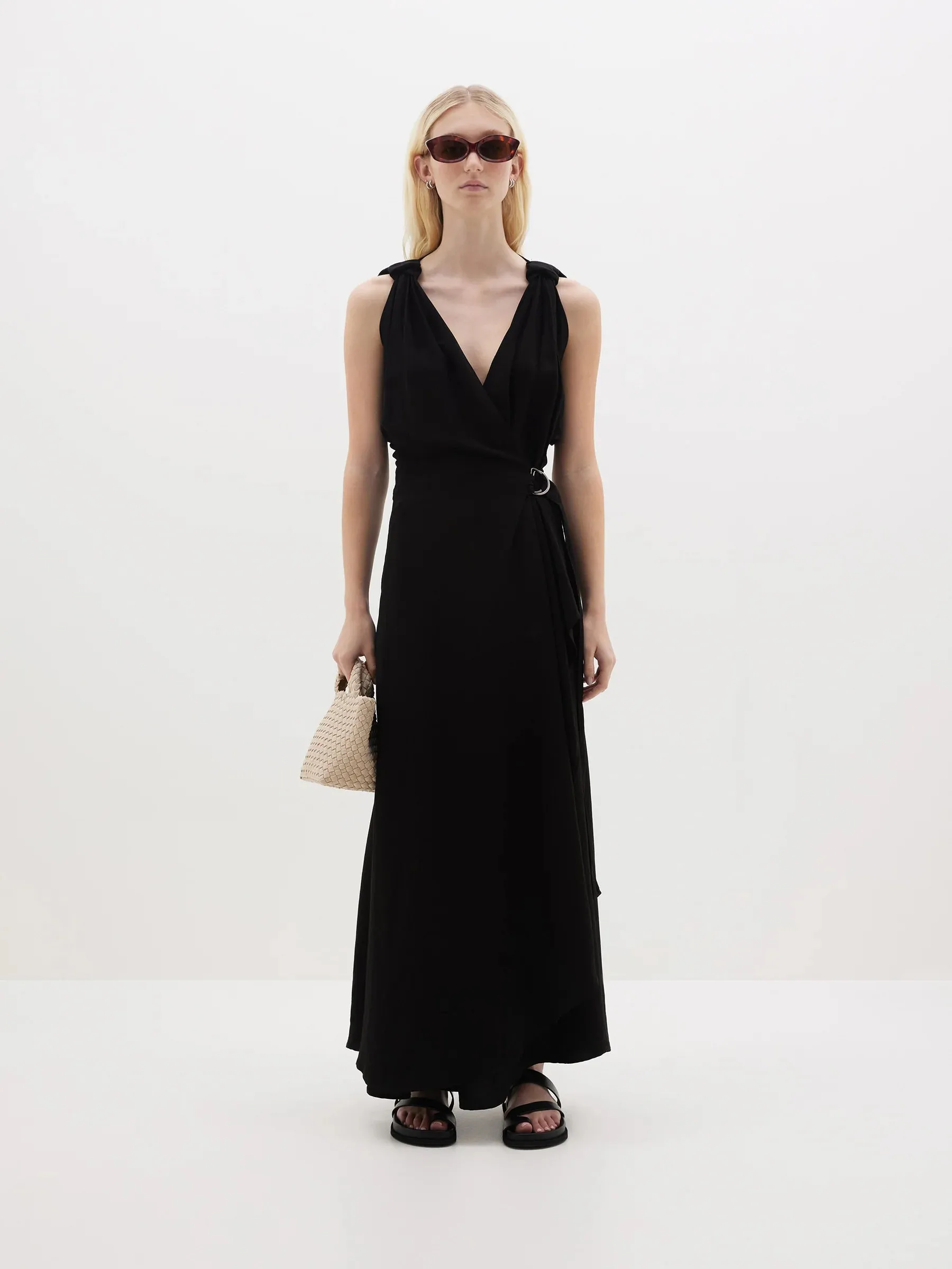 Bassike Linen Knotted Wrap Dress - Black