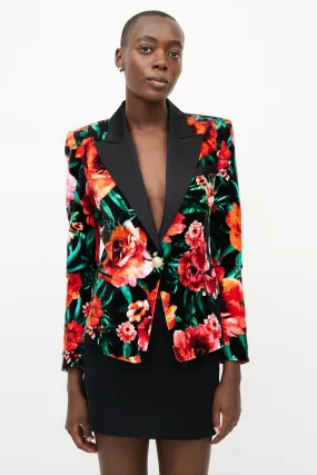 Black & Multicolour Floral Velvet Blazer