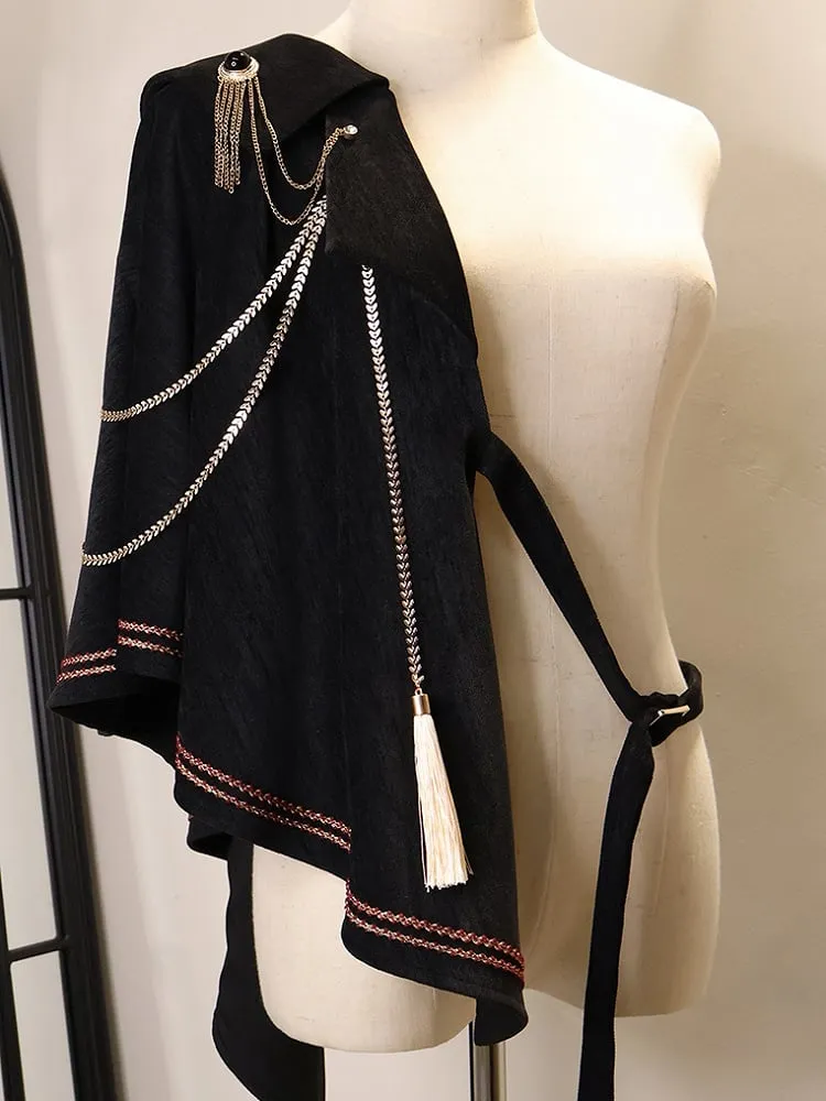 Black Ouji One Shoulder Shawl with Chain and Tassel