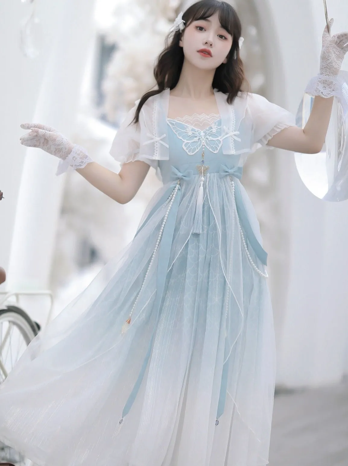 Blue Shawl Sheer Summer Summer Dress   Lolita Chinese