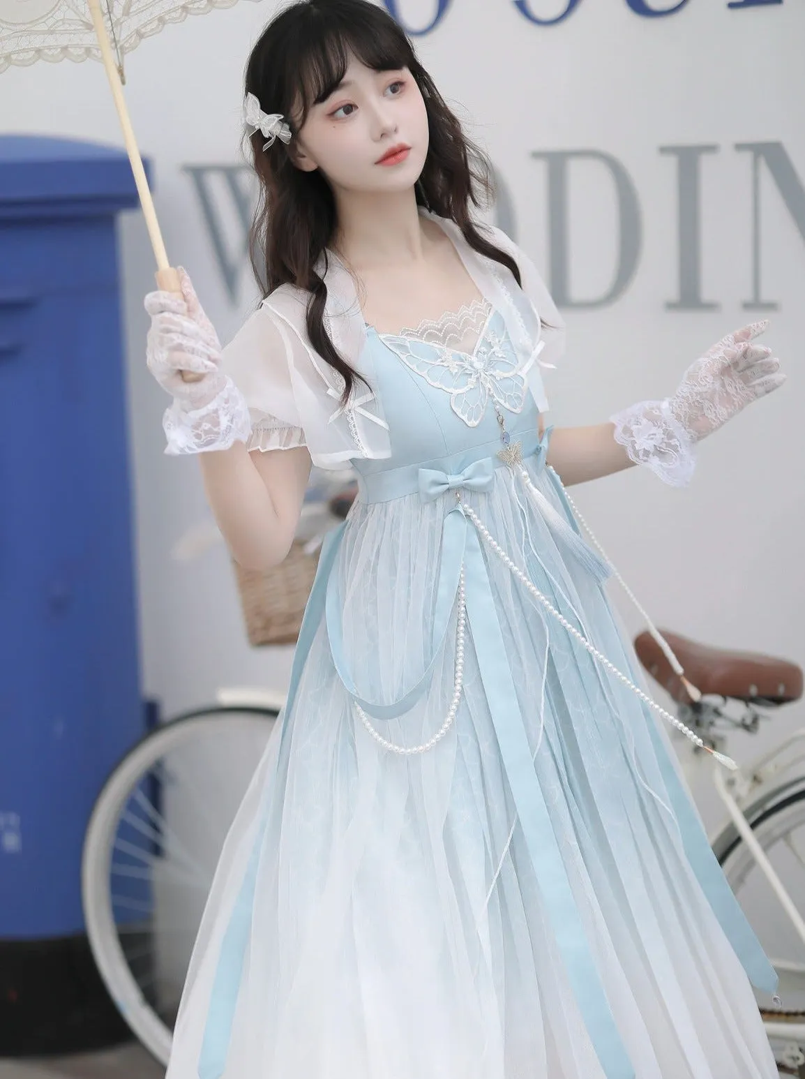 Blue Shawl Sheer Summer Summer Dress   Lolita Chinese