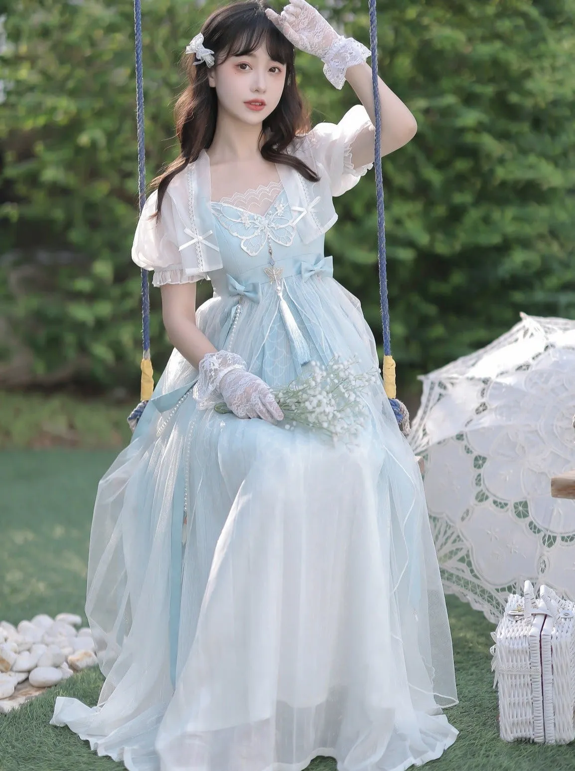 Blue Shawl Sheer Summer Summer Dress   Lolita Chinese