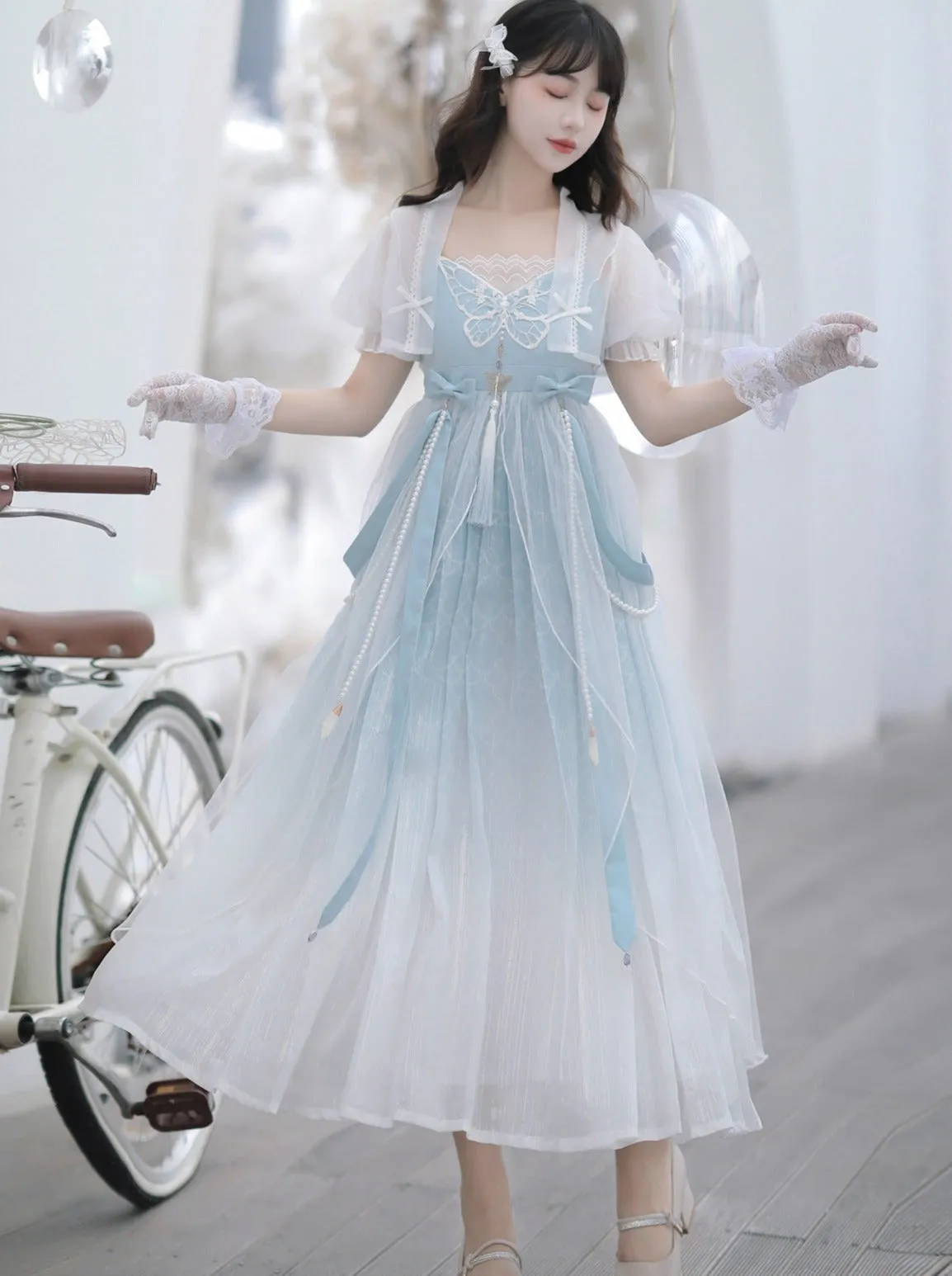 Blue Shawl Sheer Summer Summer Dress   Lolita Chinese