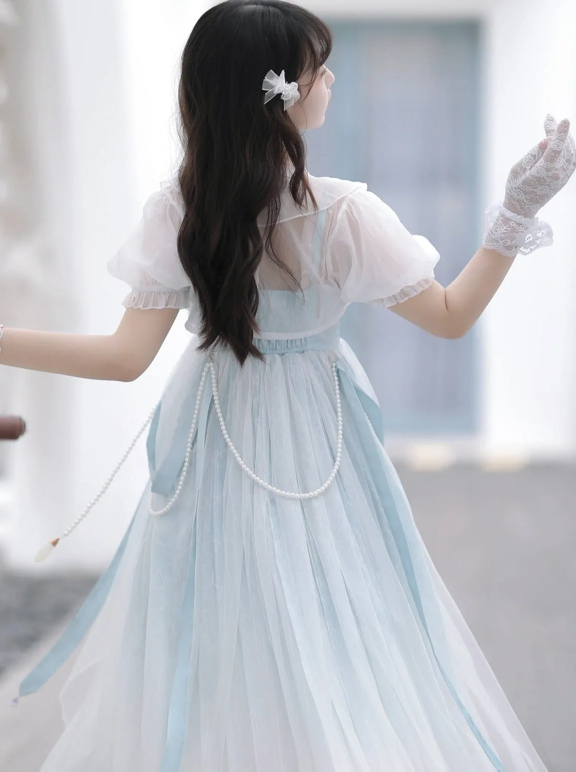 Blue Shawl Sheer Summer Summer Dress   Lolita Chinese