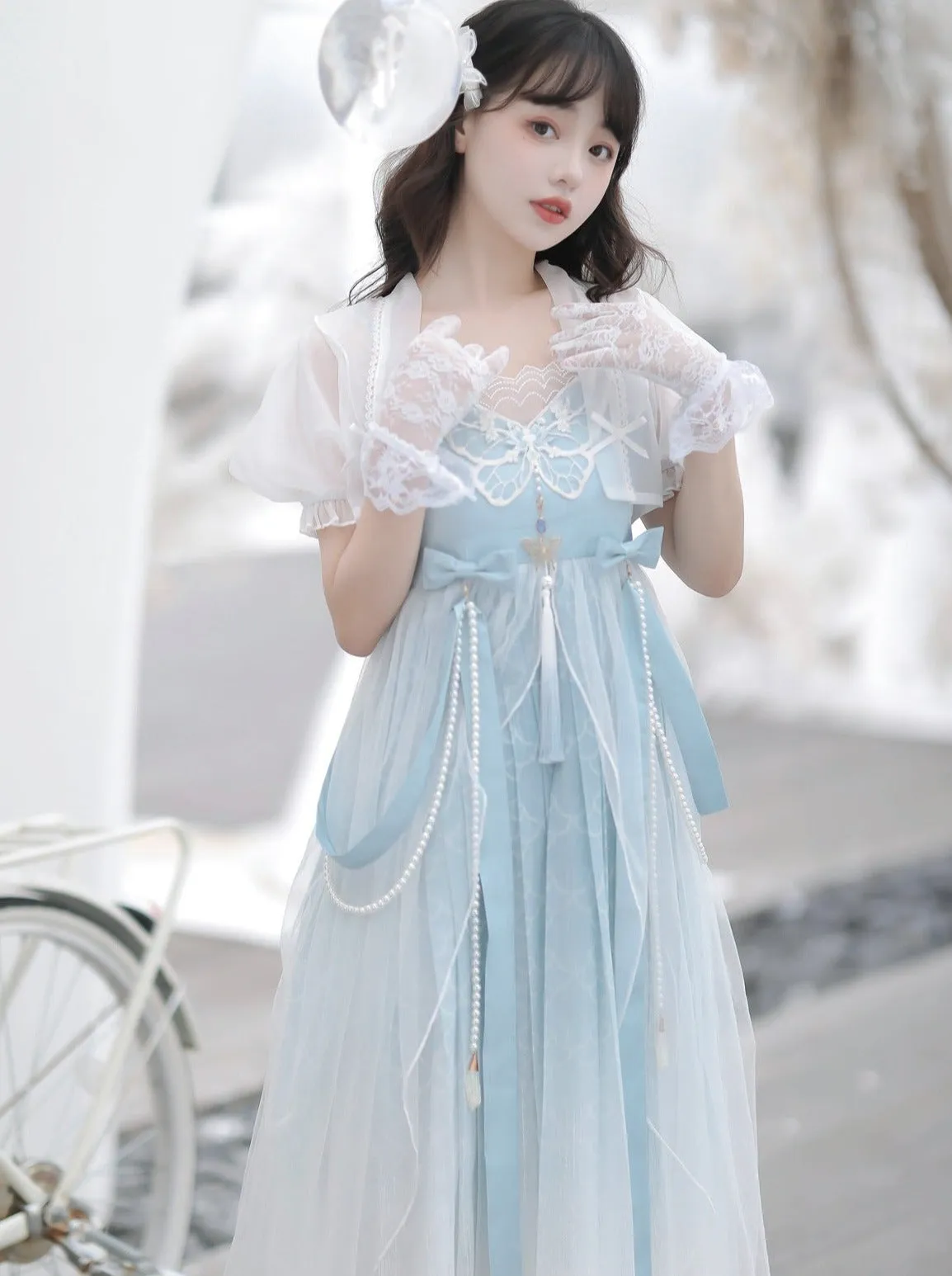 Blue Shawl Sheer Summer Summer Dress   Lolita Chinese
