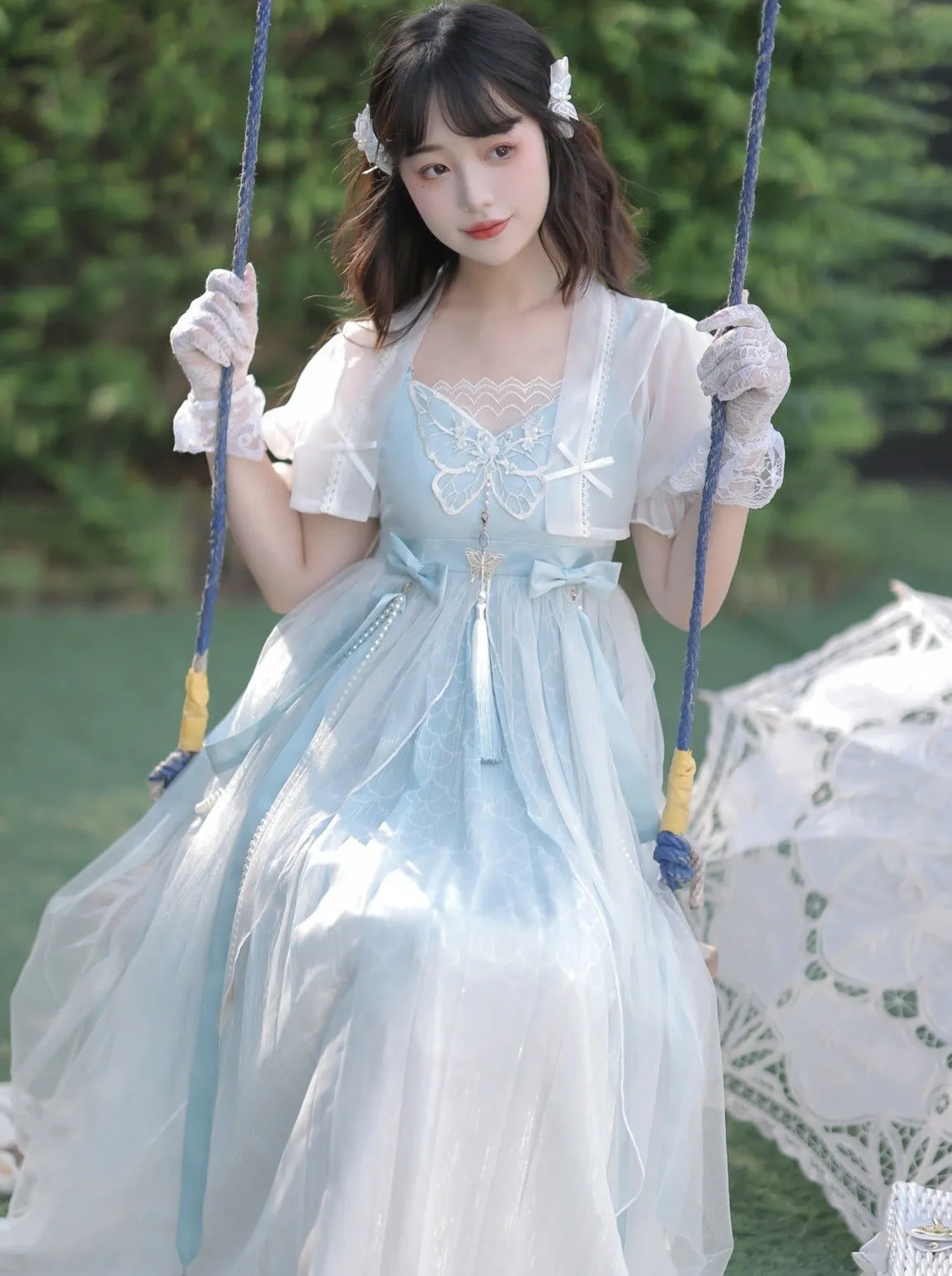 Blue Shawl Sheer Summer Summer Dress   Lolita Chinese