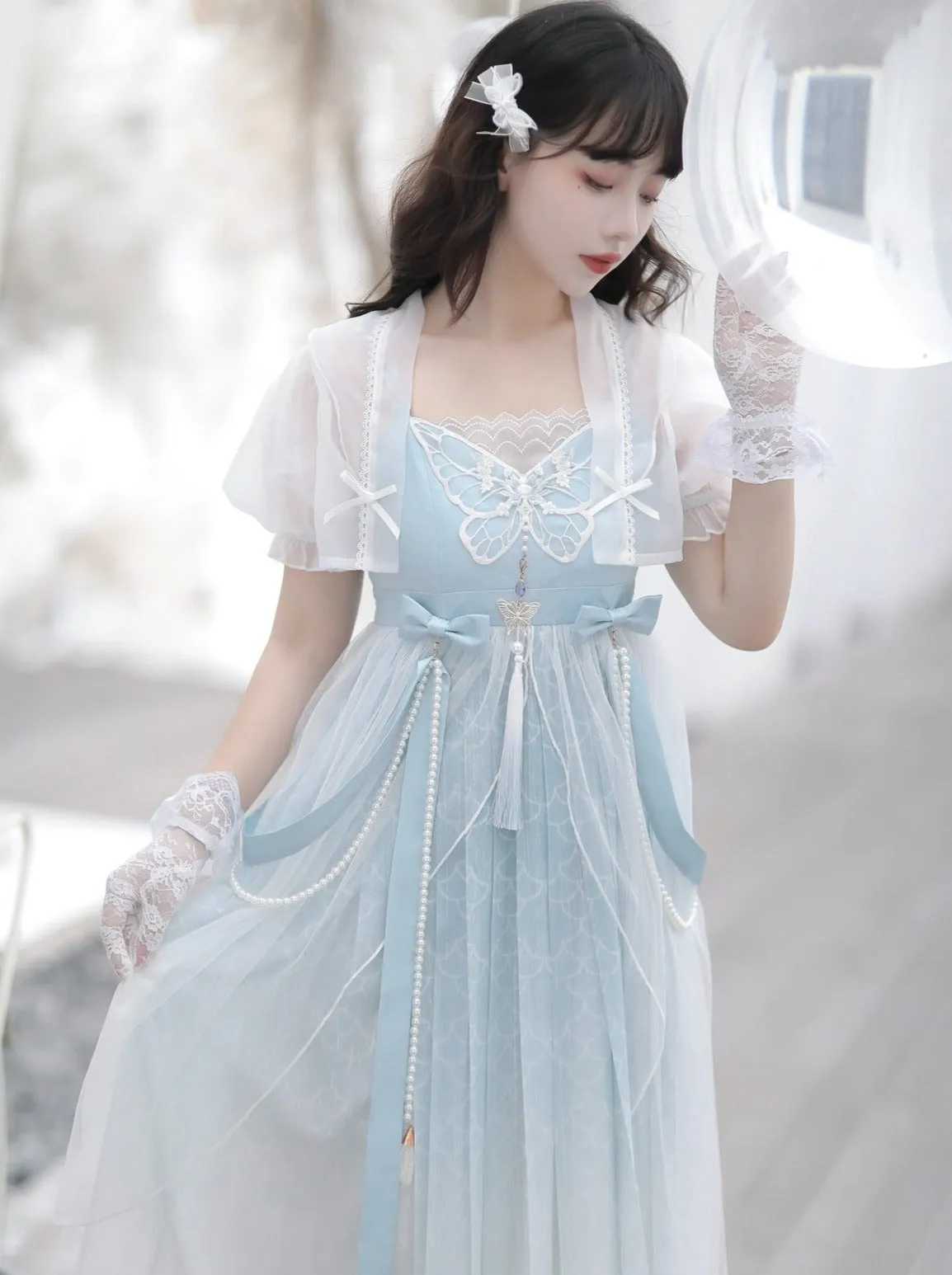 Blue Shawl Sheer Summer Summer Dress   Lolita Chinese