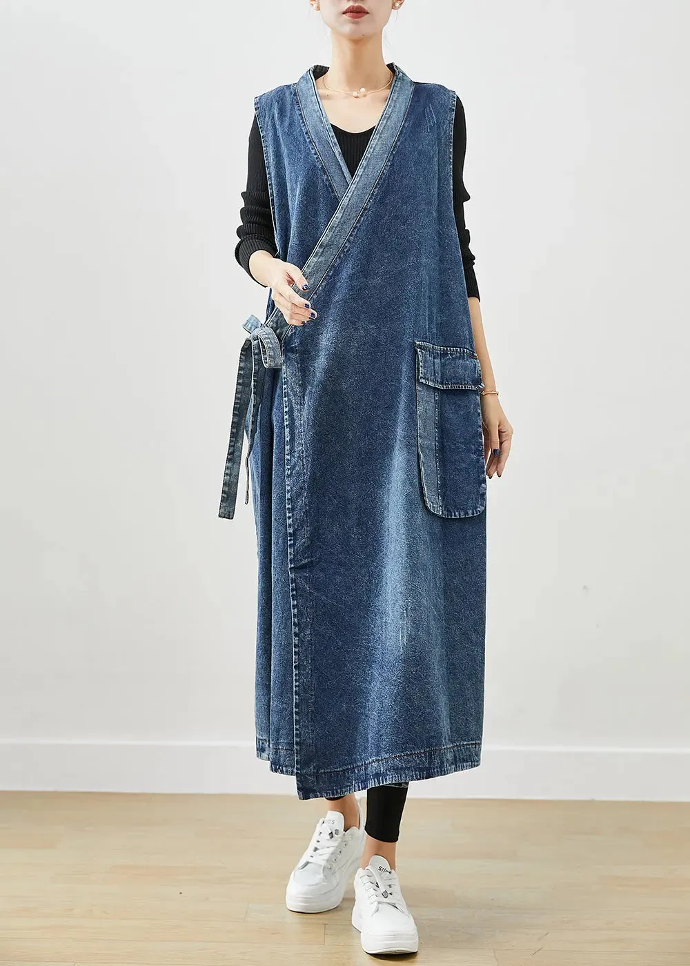 Casual Blue Oversized Lace Up Denim Long Vests Fall ML1207