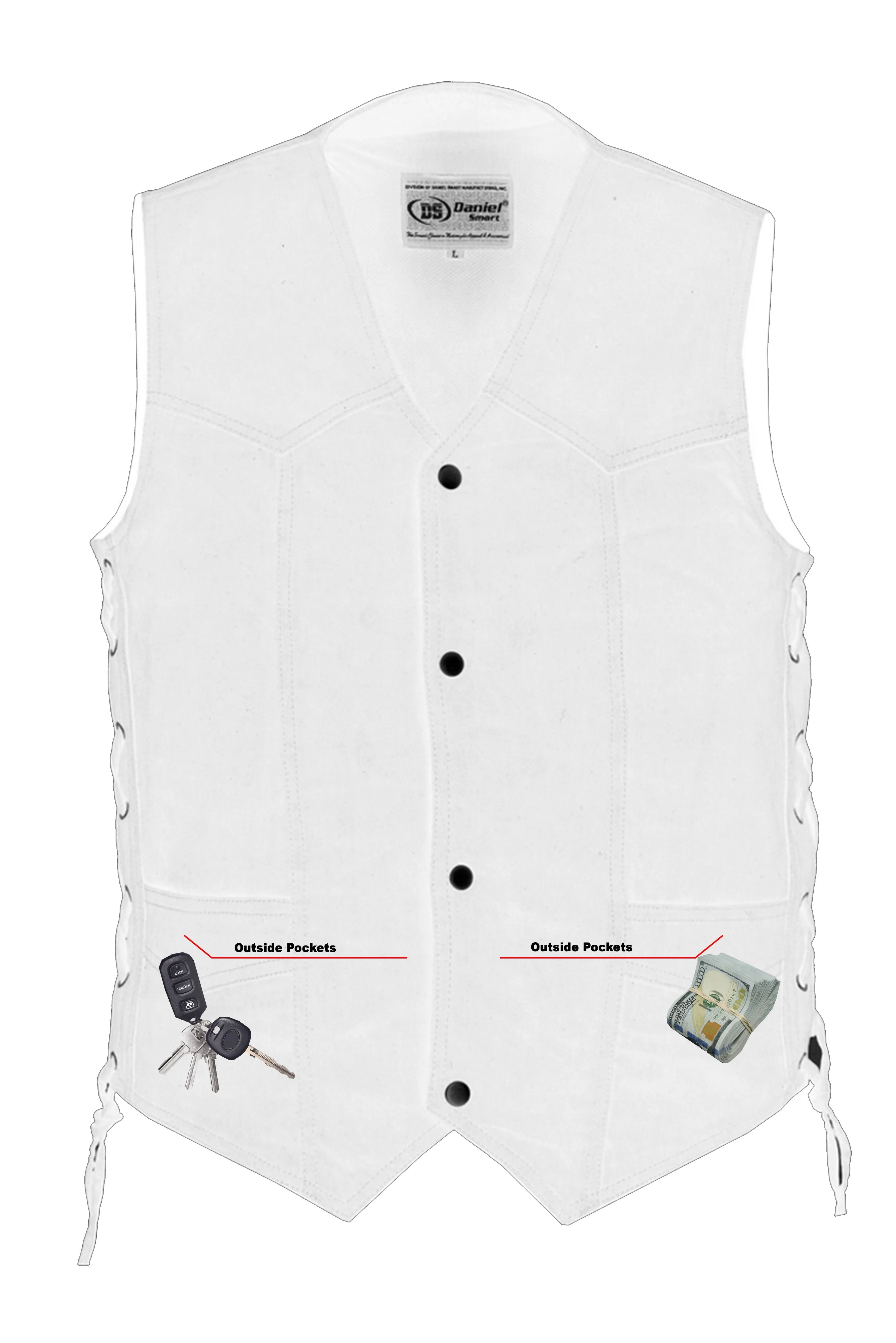 DM Men's Traditional Denim Motorcycle Vest with Side Laces – Smart Access Pockets