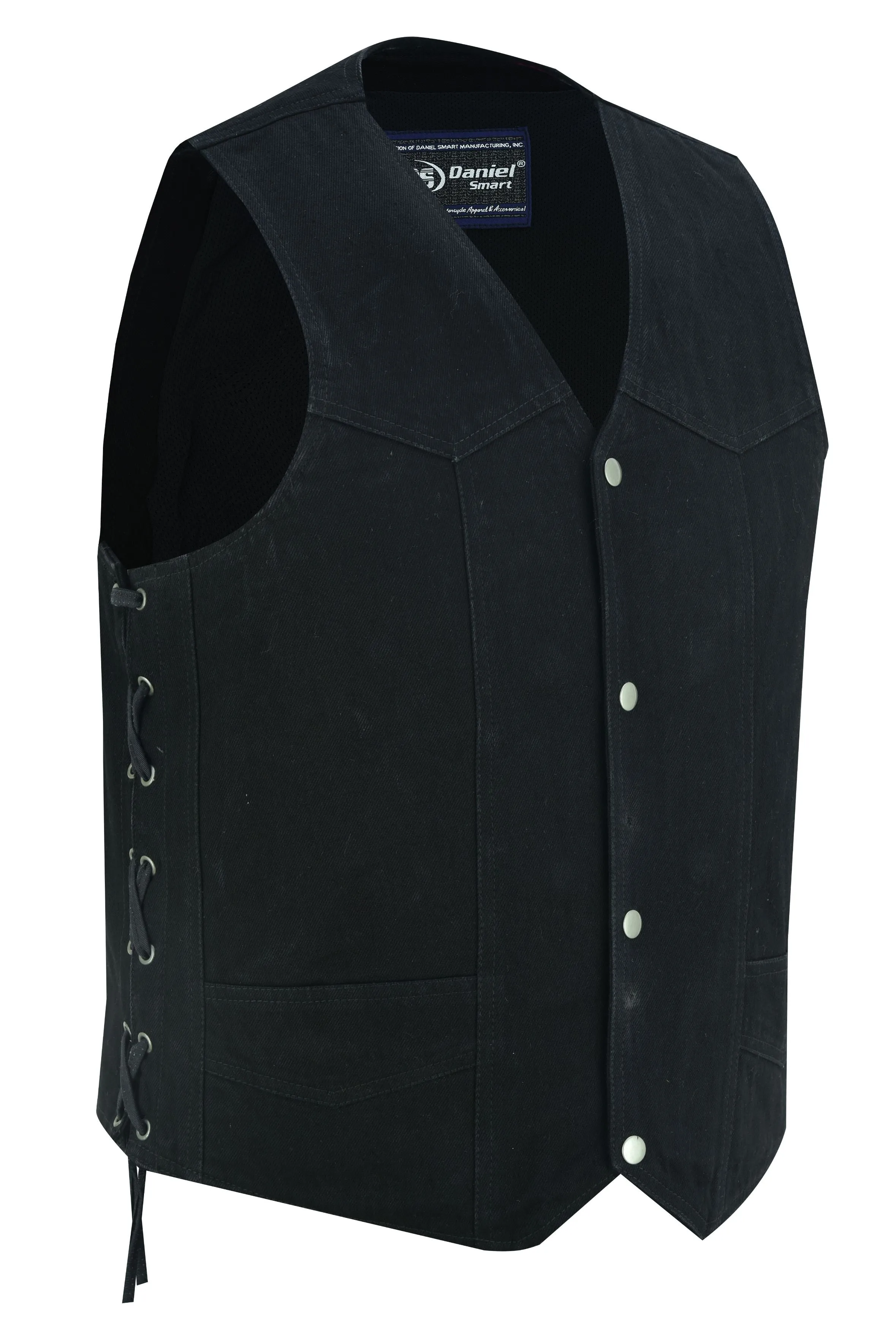 DM Men's Traditional Denim Motorcycle Vest with Side Laces – Smart Access Pockets