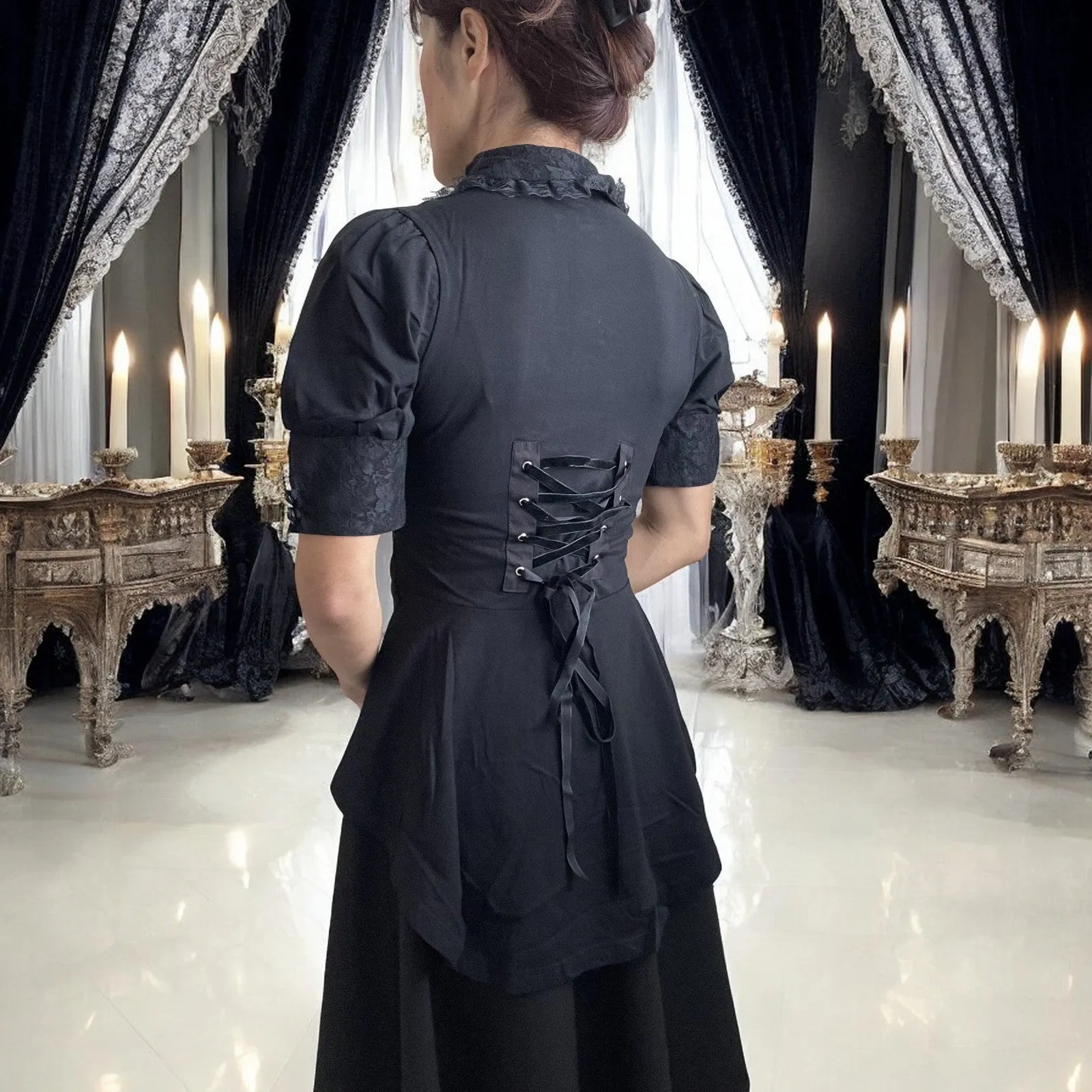 Gothic  Victorian Steampunk Black Lace Insert Top with Cameo Brooch