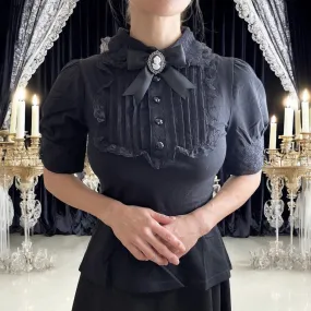 Gothic  Victorian Steampunk Black Lace Insert Top with Cameo Brooch