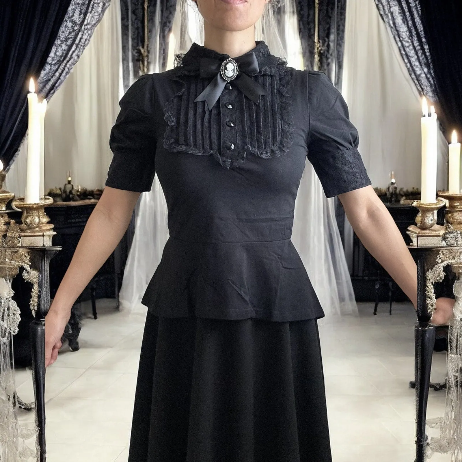 Gothic  Victorian Steampunk Black Lace Insert Top with Cameo Brooch