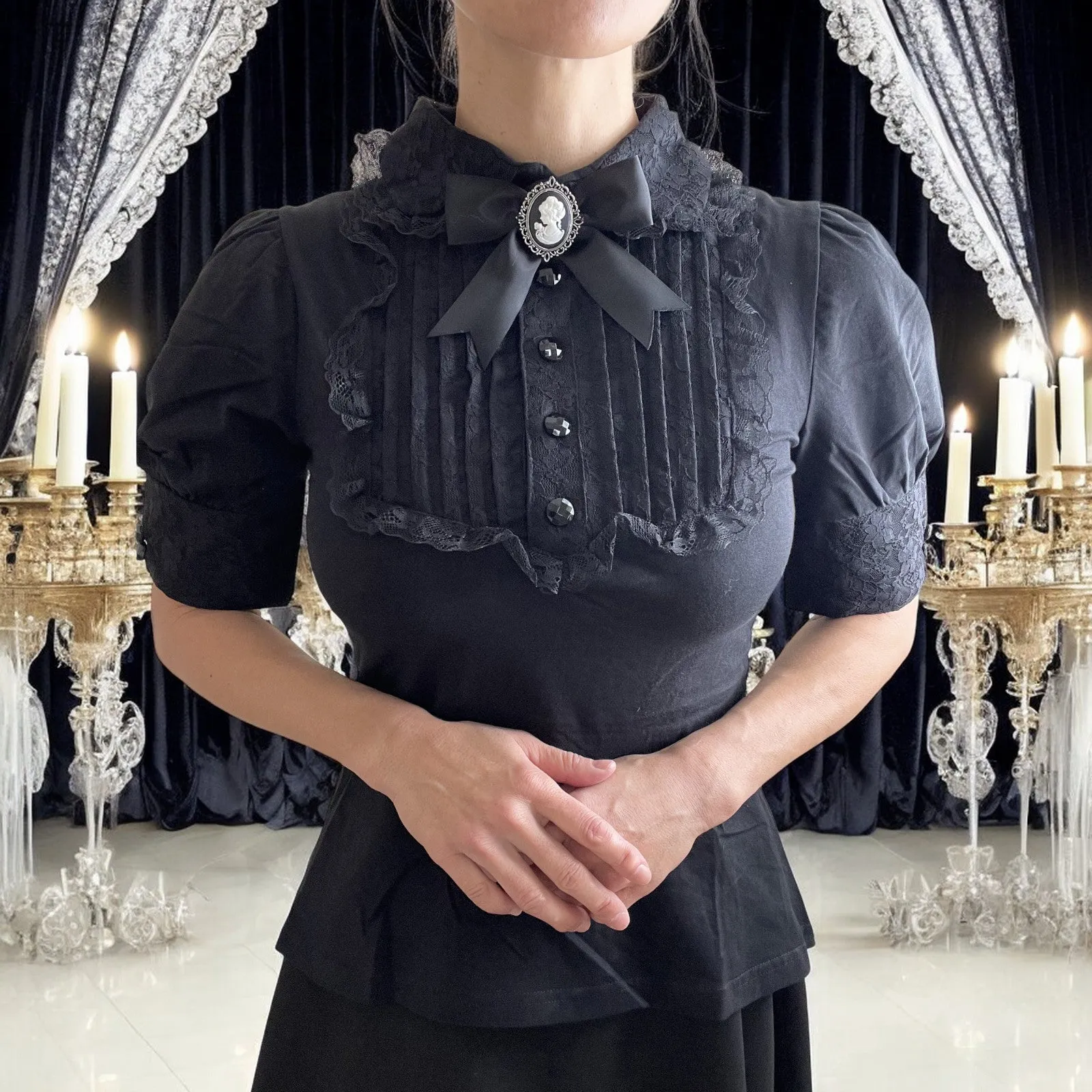 Gothic  Victorian Steampunk Black Lace Insert Top with Cameo Brooch