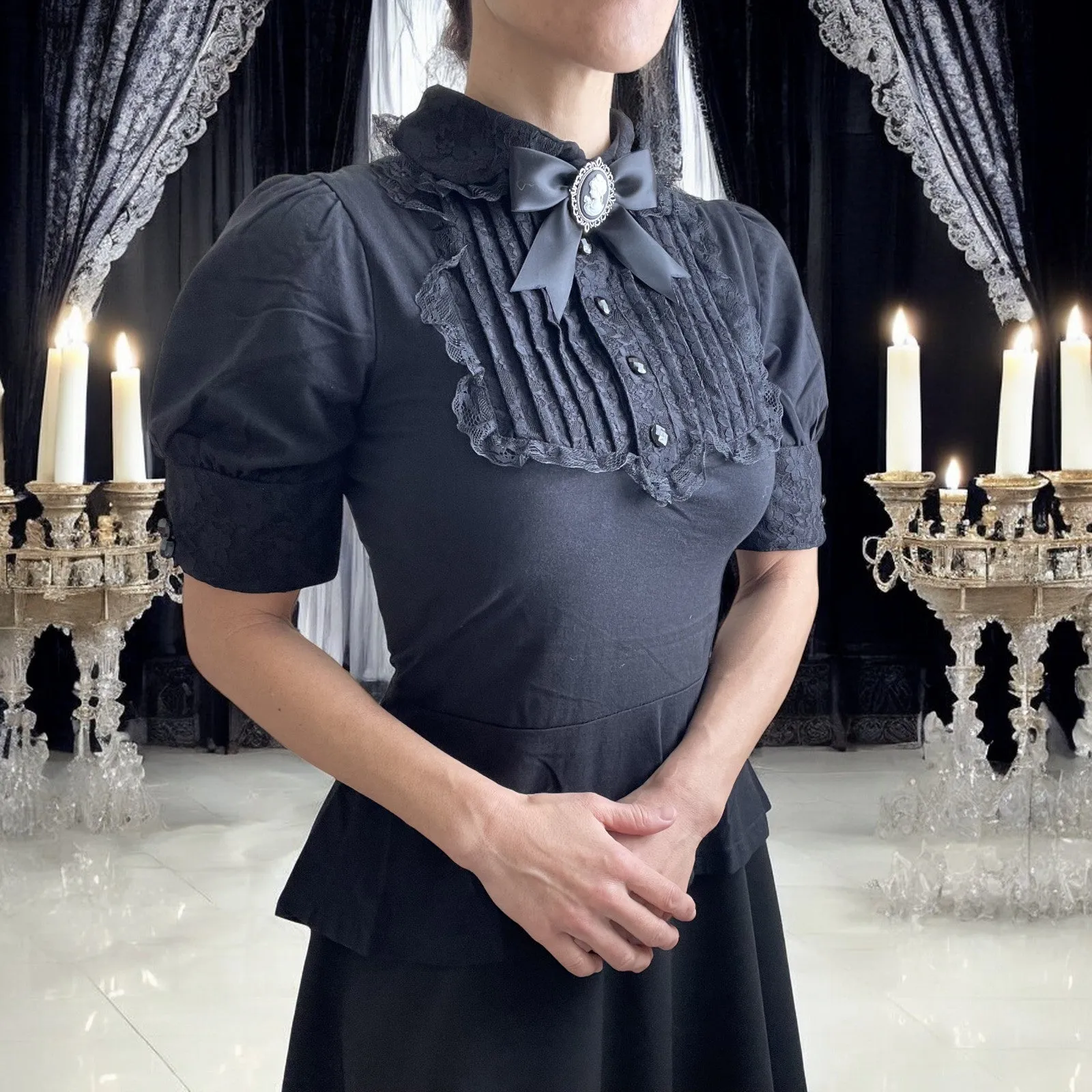 Gothic  Victorian Steampunk Black Lace Insert Top with Cameo Brooch