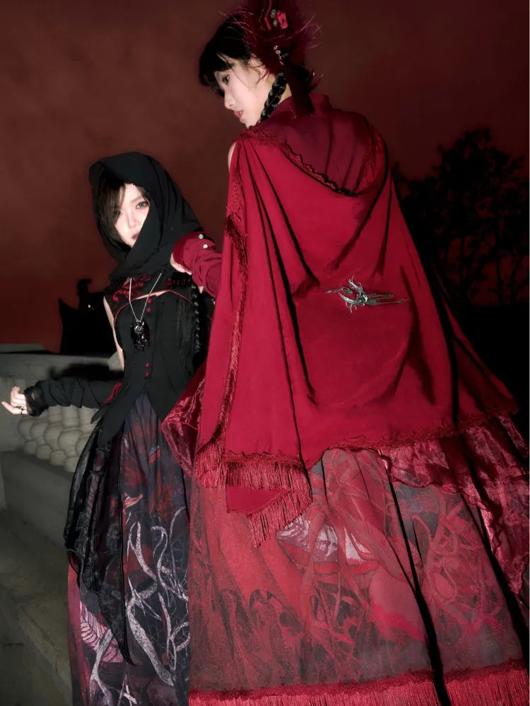 Red / Black / Purple Dragon and Moon Embroidery Shawl