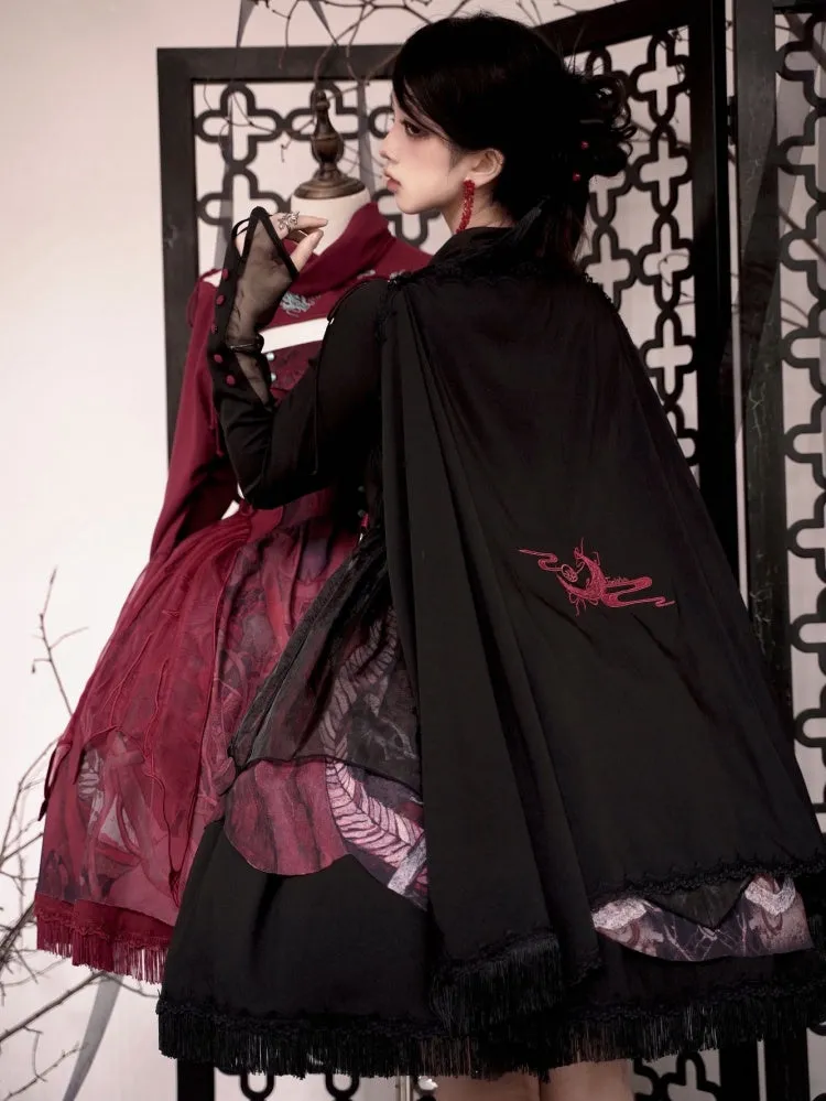 Red / Black / Purple Dragon and Moon Embroidery Shawl