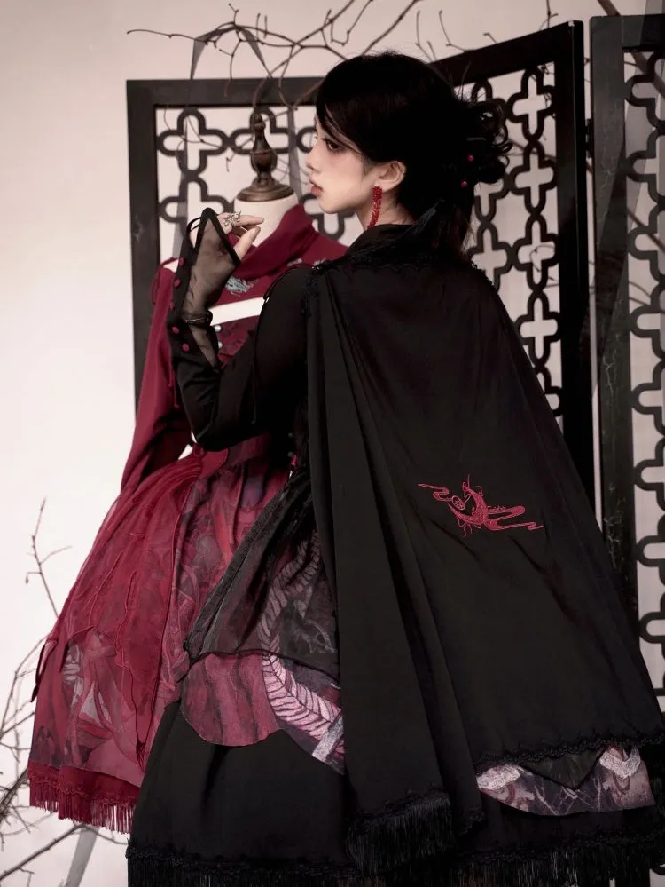 Red / Black / Purple Dragon and Moon Embroidery Shawl