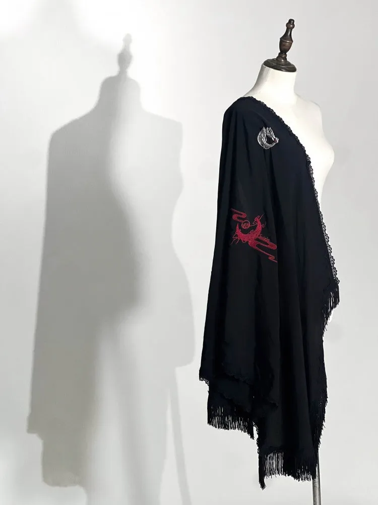 Red / Black / Purple Dragon and Moon Embroidery Shawl