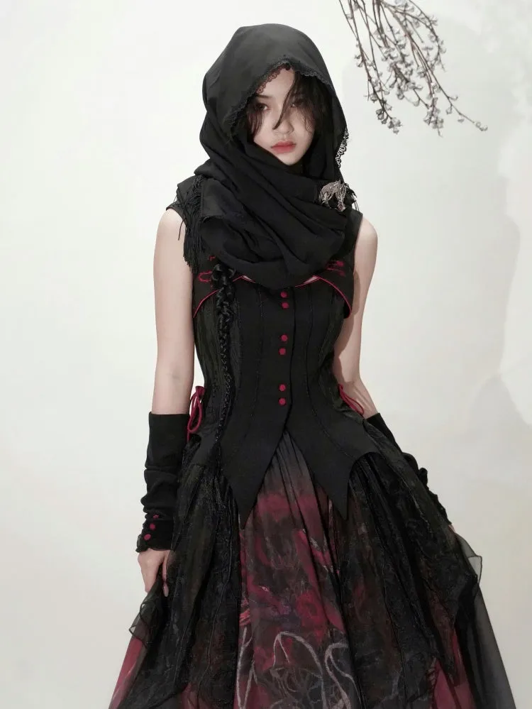 Red / Black / Purple Dragon and Moon Embroidery Shawl
