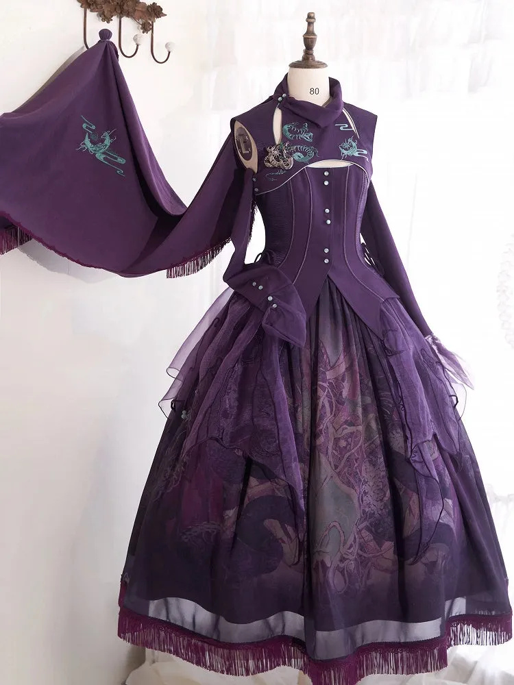 Red / Black / Purple Dragon and Moon Embroidery Shawl