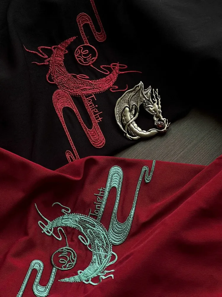 Red / Black / Purple Dragon and Moon Embroidery Shawl