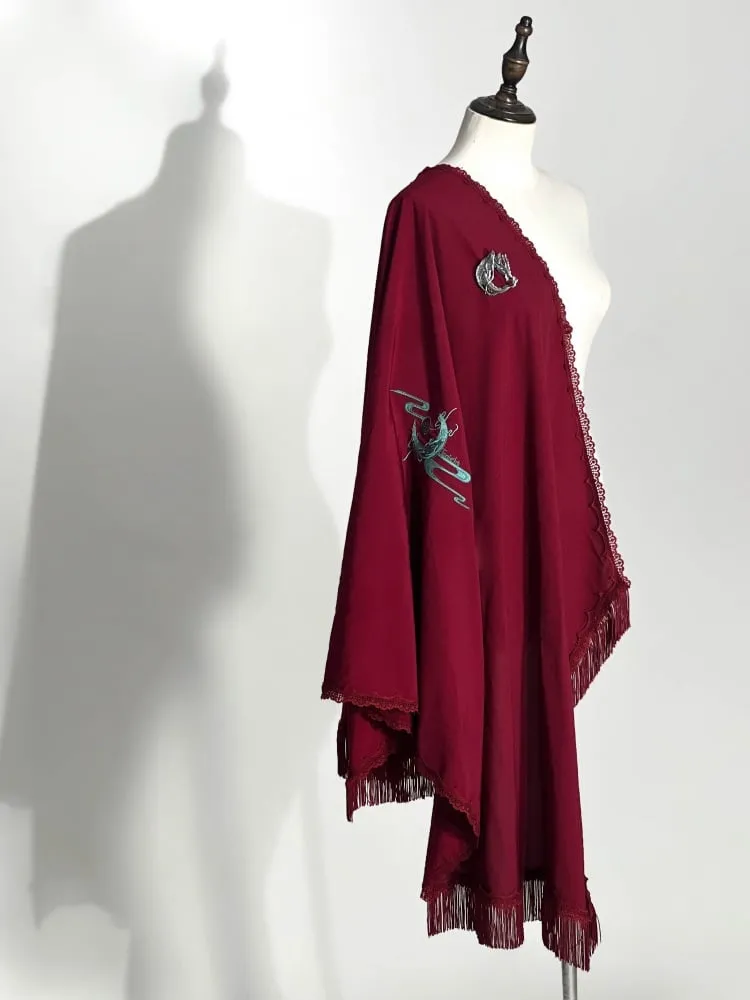 Red / Black / Purple Dragon and Moon Embroidery Shawl