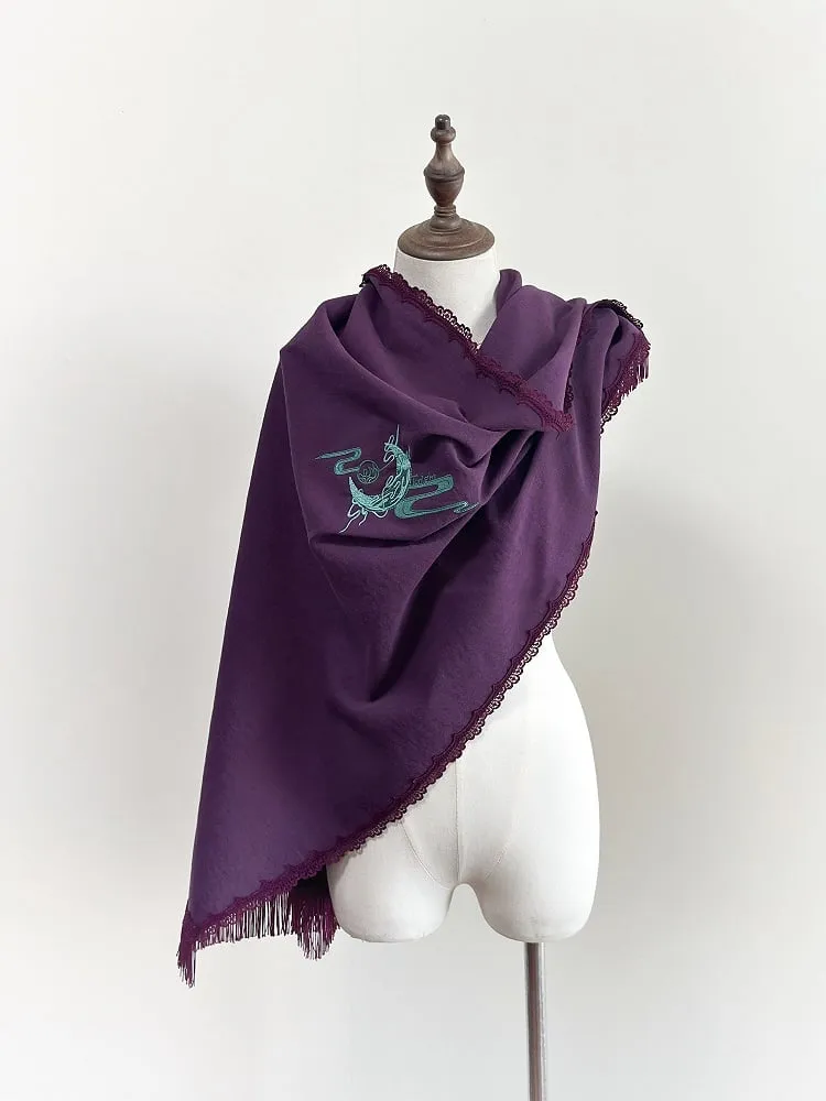 Red / Black / Purple Dragon and Moon Embroidery Shawl