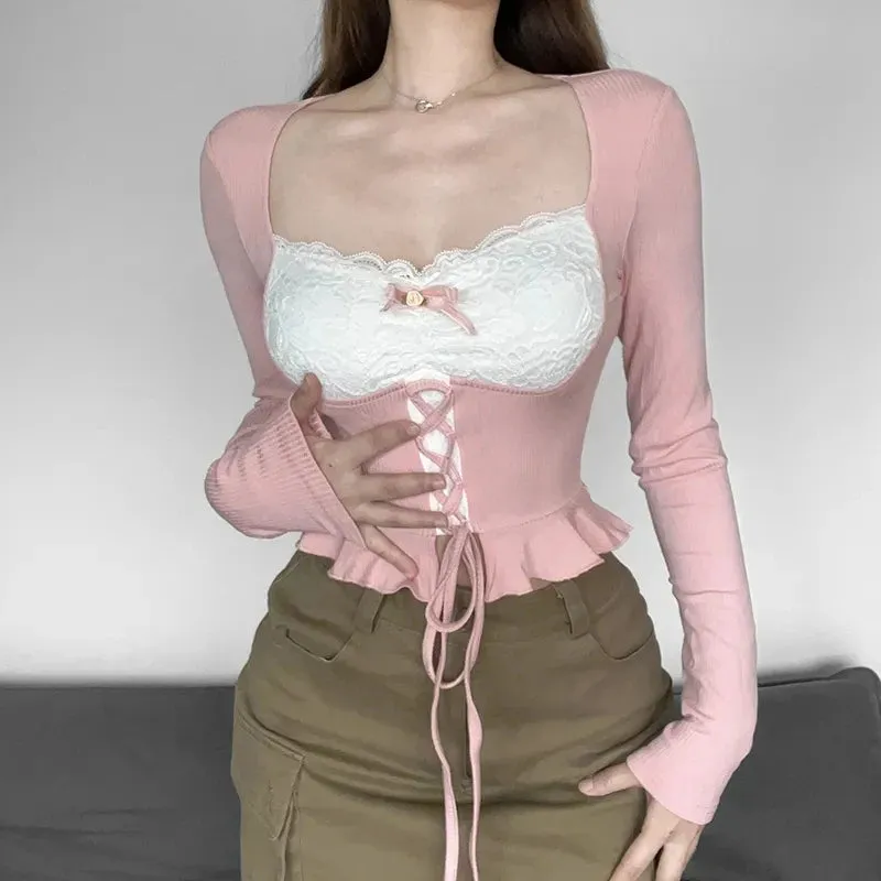 Rosa Soft-girl Spitzen-Top mit Langarm und Schnürung