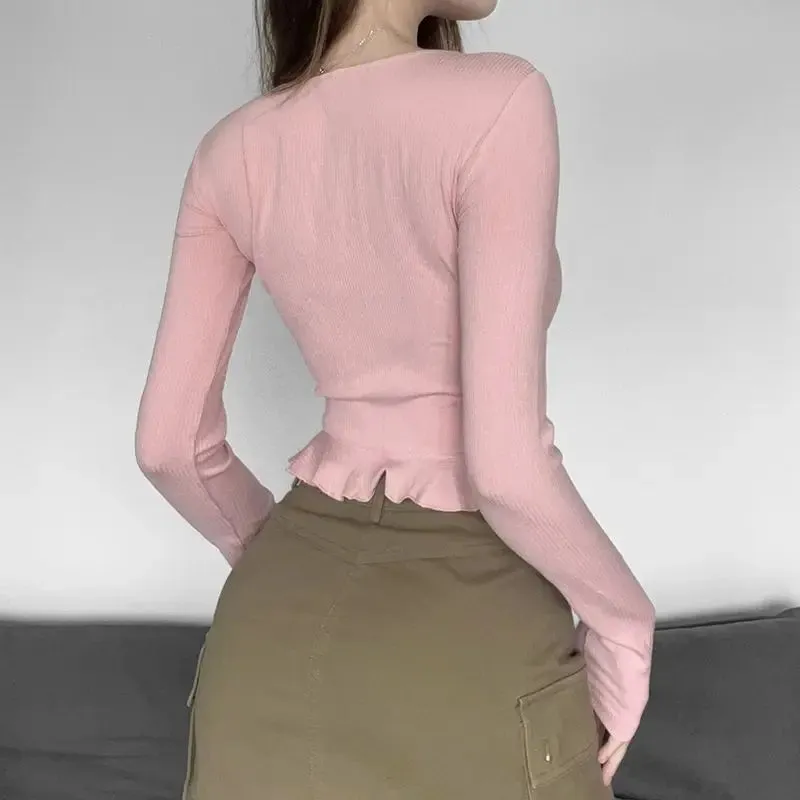 Rosa Soft-girl Spitzen-Top mit Langarm und Schnürung